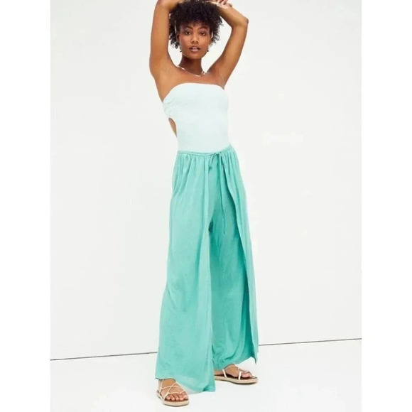 NWT Free People Chiara Set Green Two Piece Flare Pants Wide Leg Matching Set XL - Picture 1 of 13